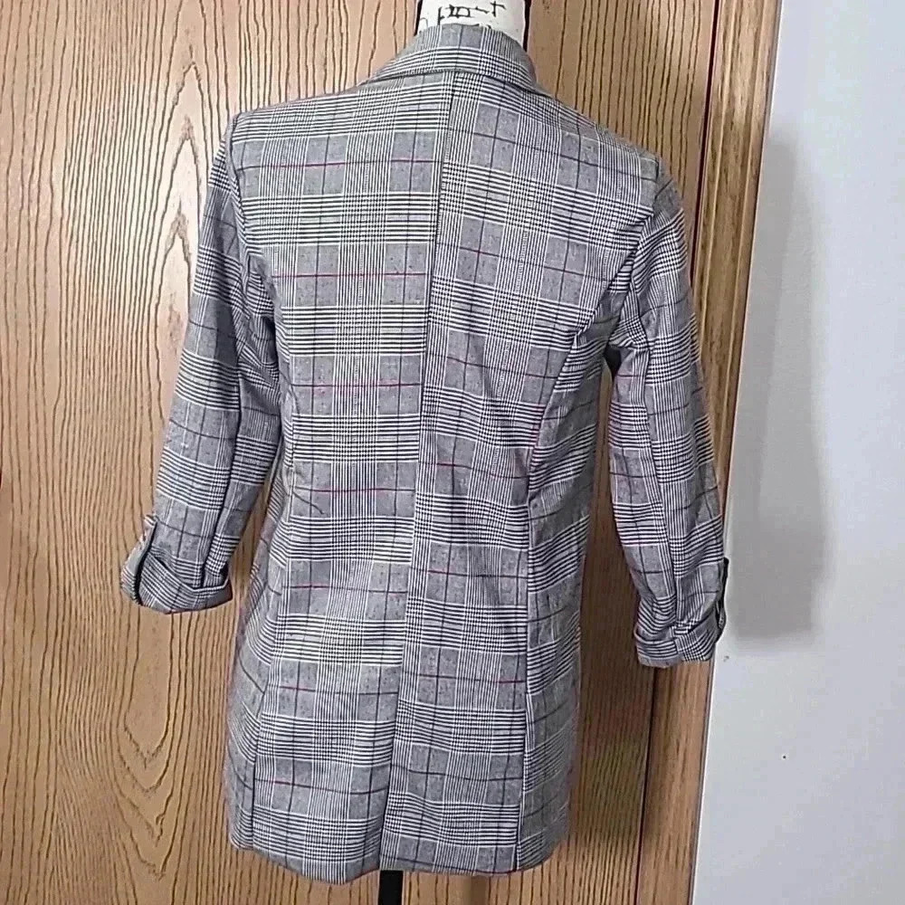 Stoosh classic preppy plaid checkered open roll tab sleeve blazer - Picture 4 of 4